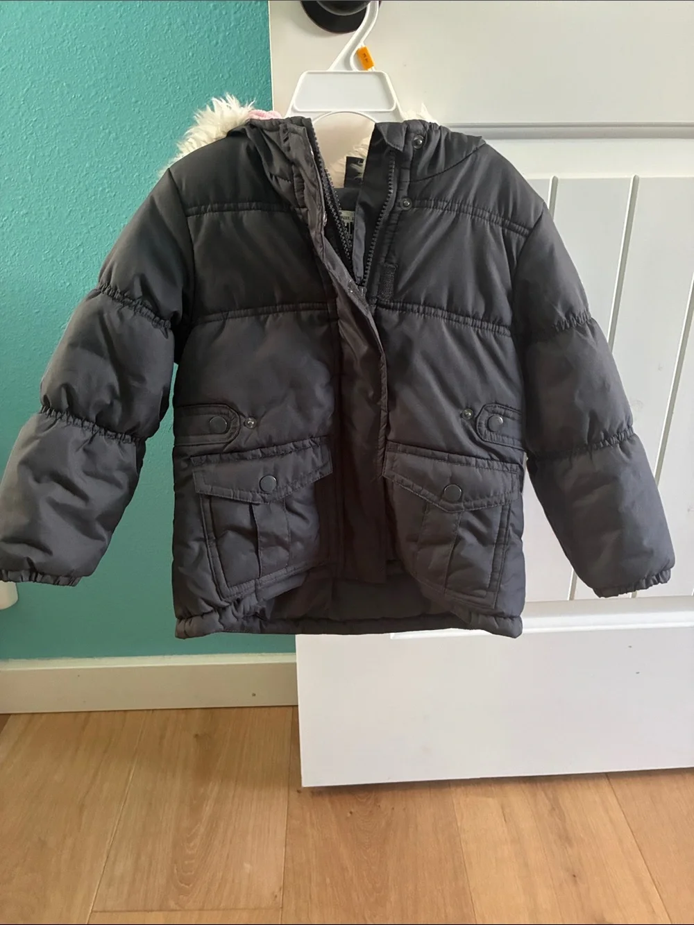 OshKosh B'gosh Black Hooded Puffer Jacket with Faux Fur Trim